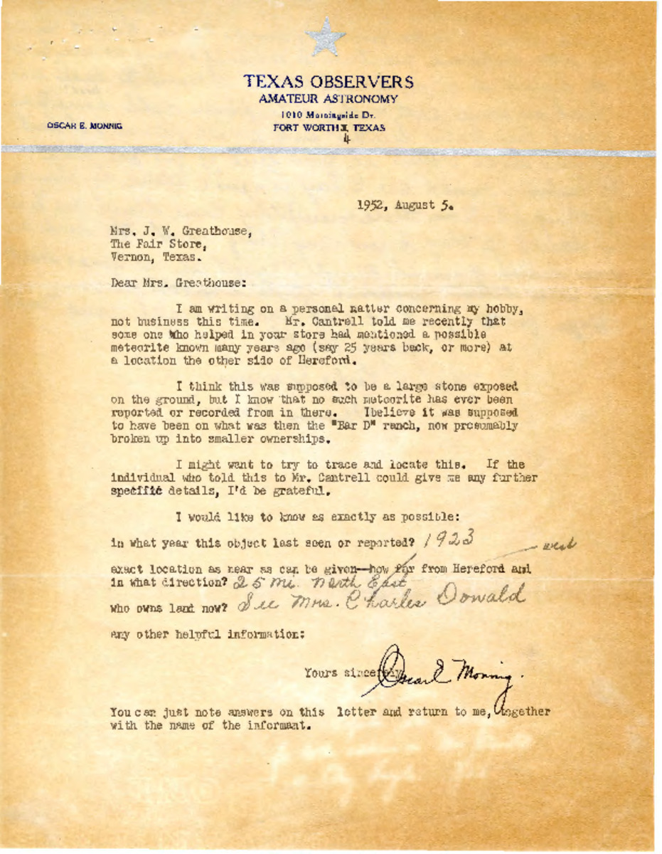 Letter from Oscar Monnig to Mrs. J.W. Greathouse with response